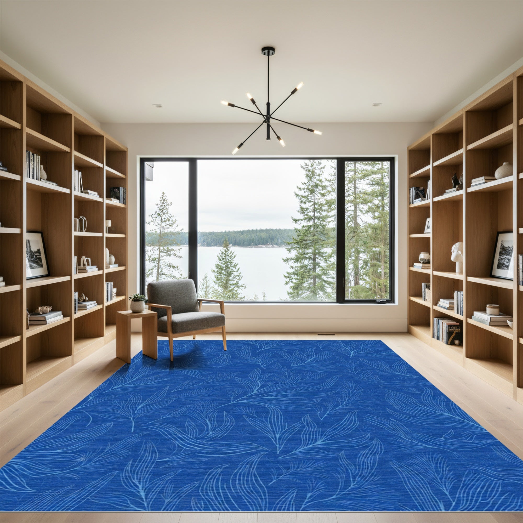 Deep Blue Botanical Line Art Rug