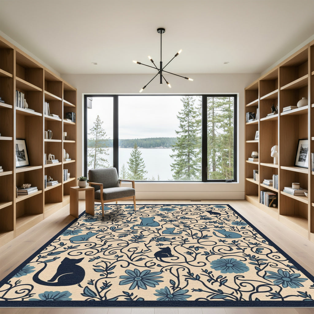 Blue Cats Floral Vine Cream Rug