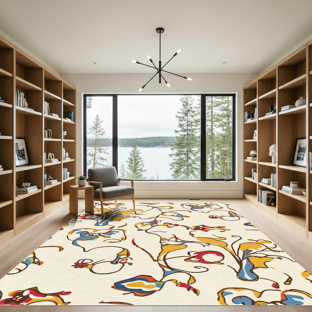 Abstract Red Blue Yellow Floral Swirls Rug