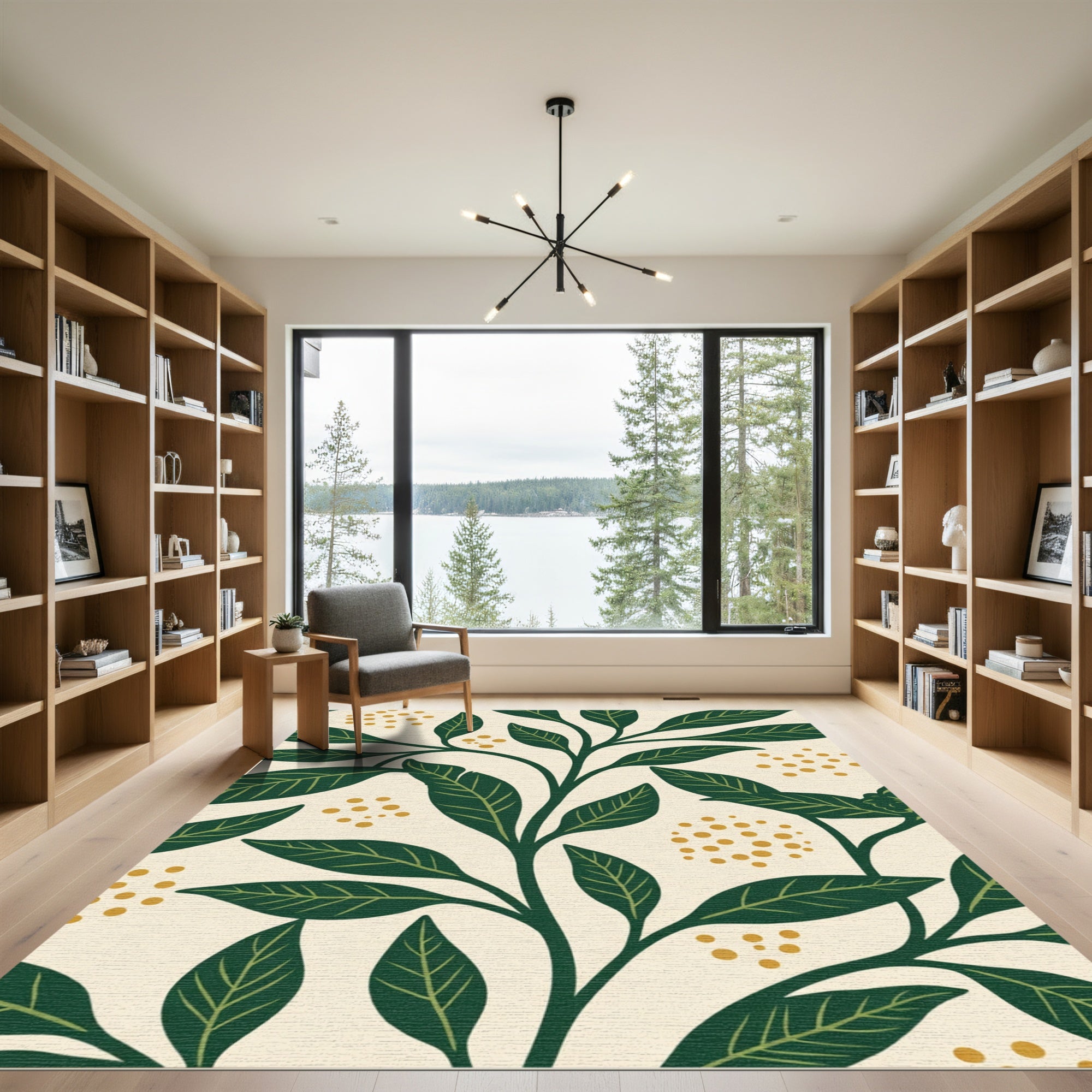 Emerald Green Leafy Vine Gold Dots Rug