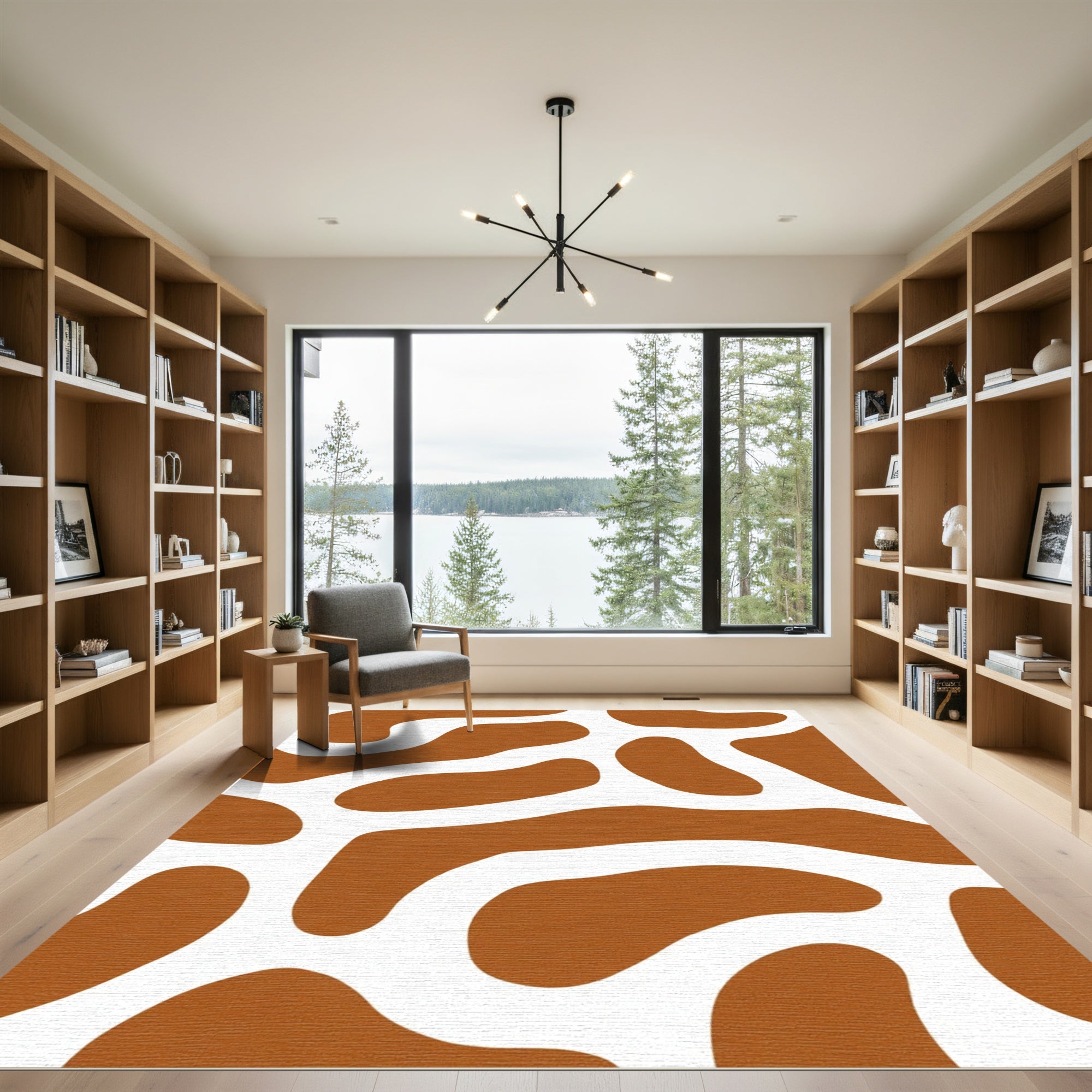 Brown White Organic Abstract Shape Rug