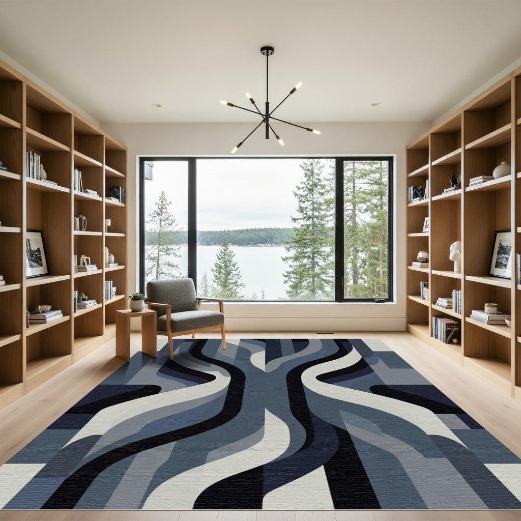 Dark Blue Gray Abstract Waves Rug