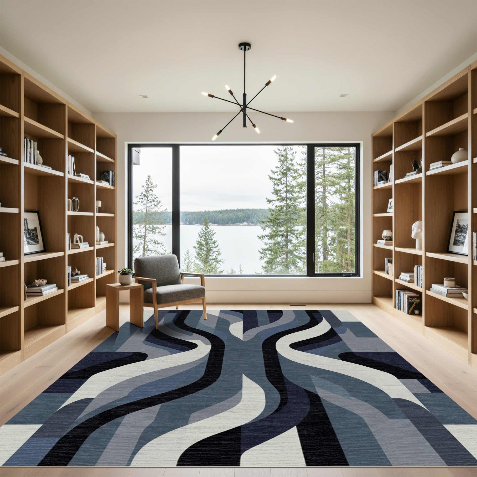Dark Blue Gray Abstract Waves Rug