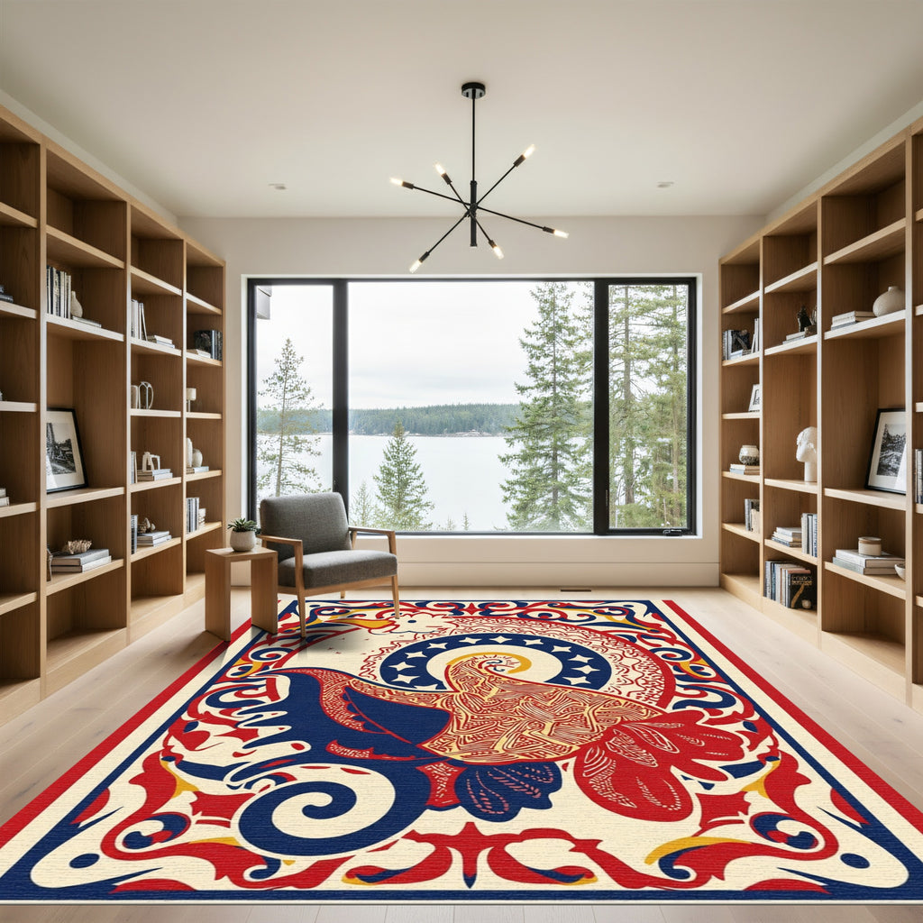Bold Red Blue Rooster Medallion Rug