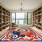 Bold Red Blue Rooster Medallion Rug