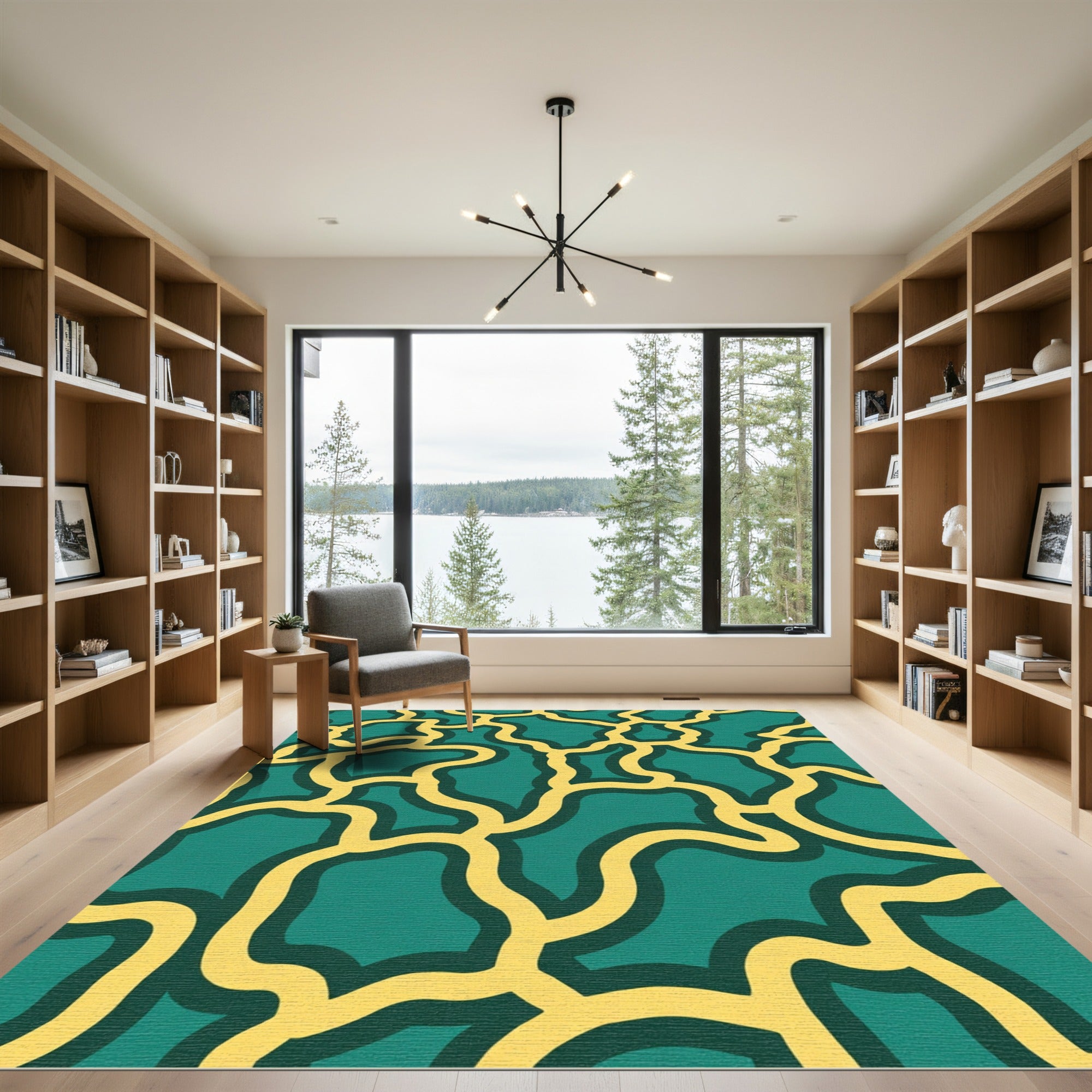 Teal Yellow Organic Line Art Rug