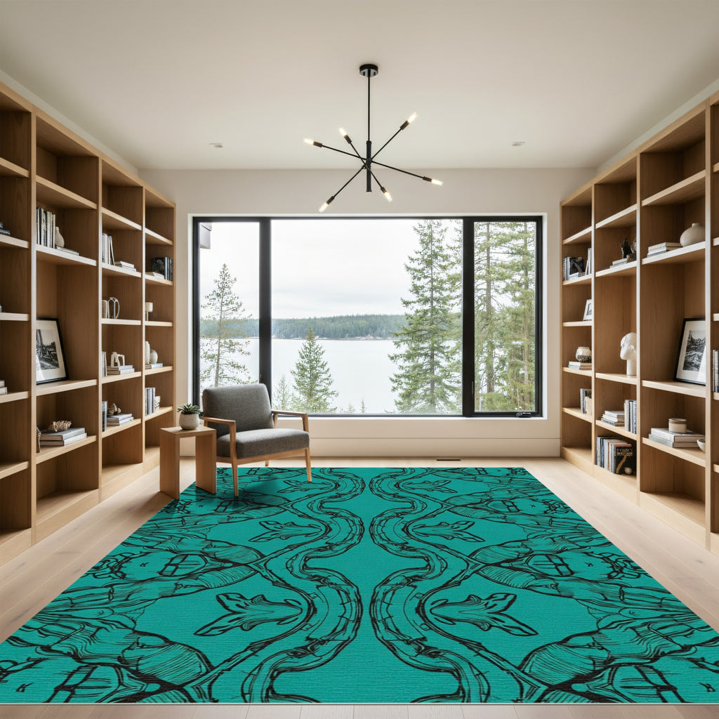 Turquoise Black Elaborate Scroll Medallion Rug
