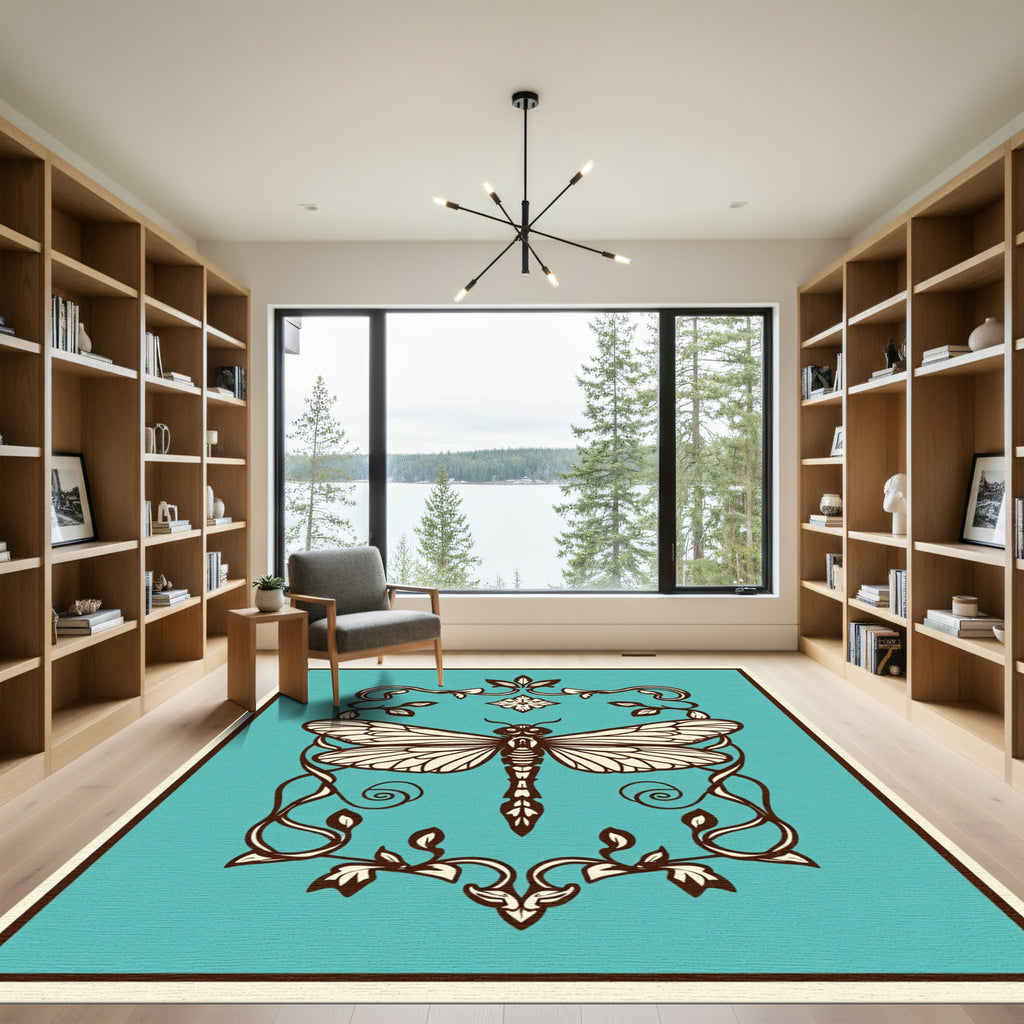 Deco Teal Dragonfly Scrollwork Rug