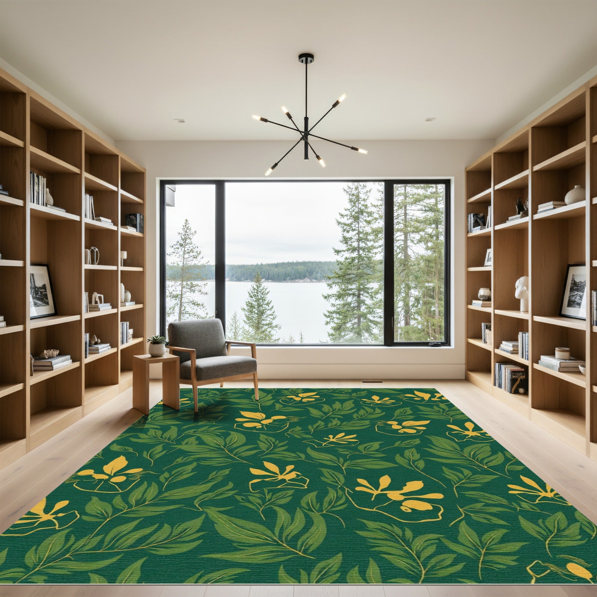 Emerald Green Outline Floral Vines Rug