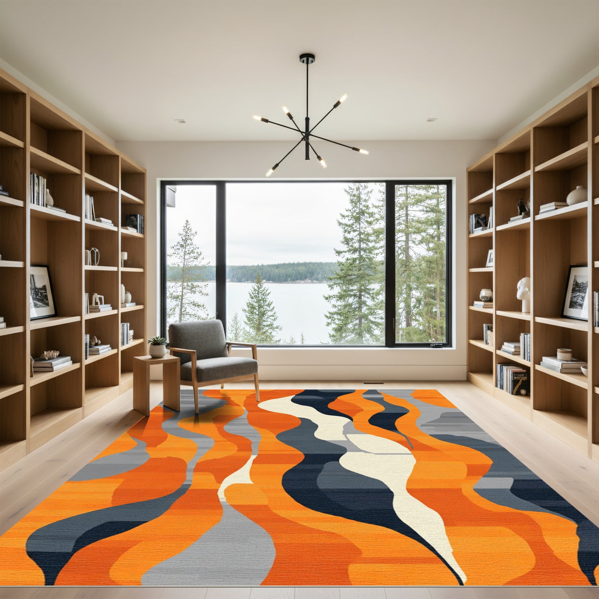 Modern Orange Wave Abstract Flow Rug