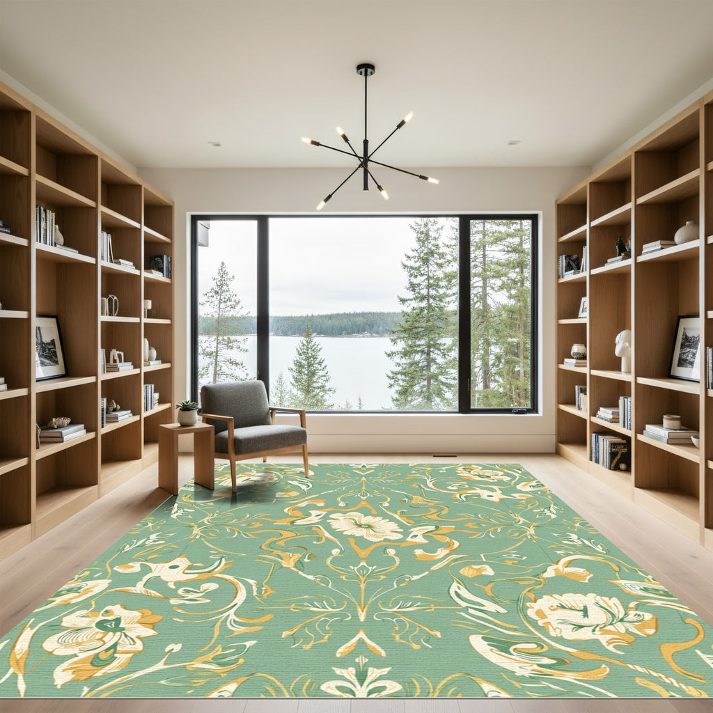 Mint Green Floral Scroll Art Nouveau Rug