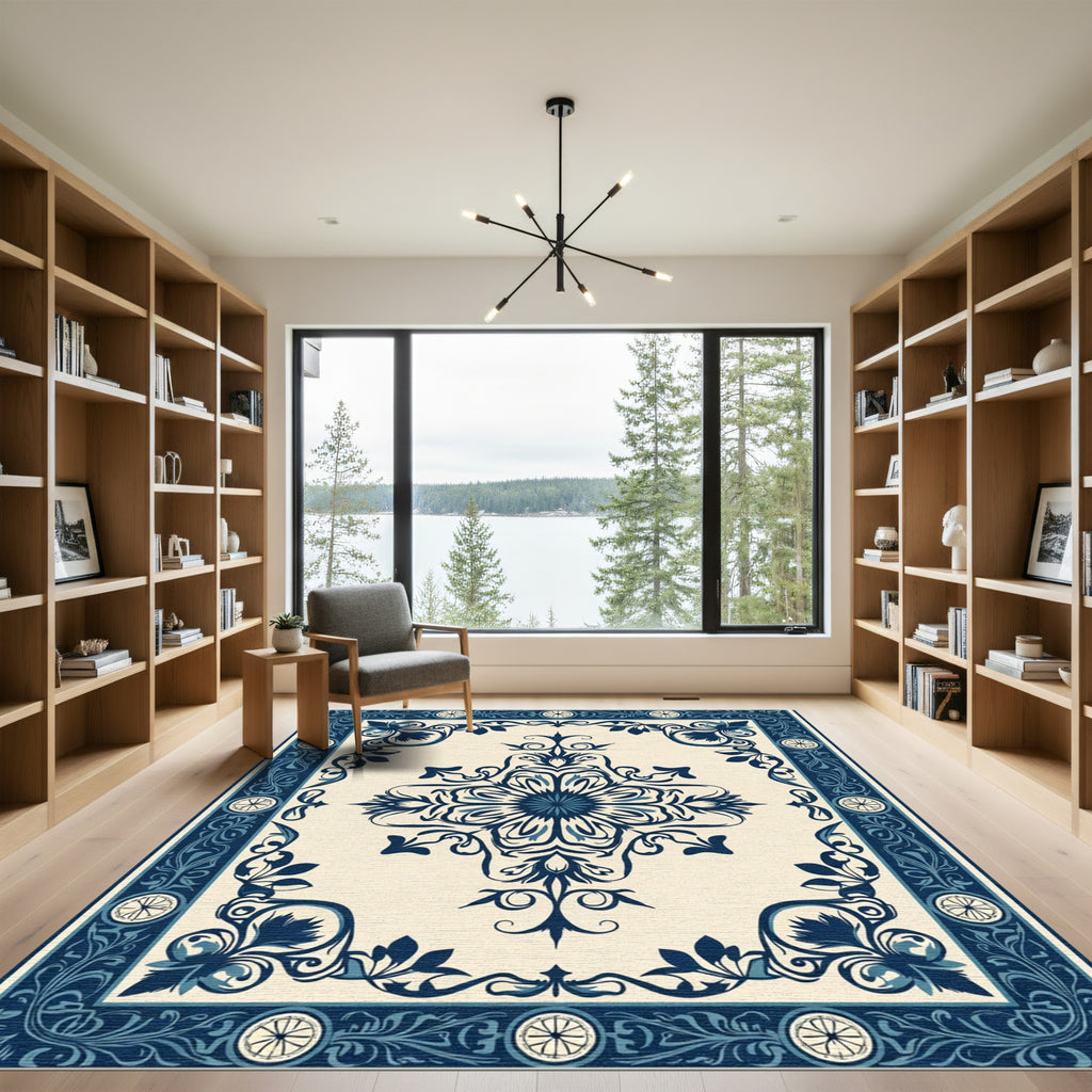 Navy Blue Floral Medallion Border Rug