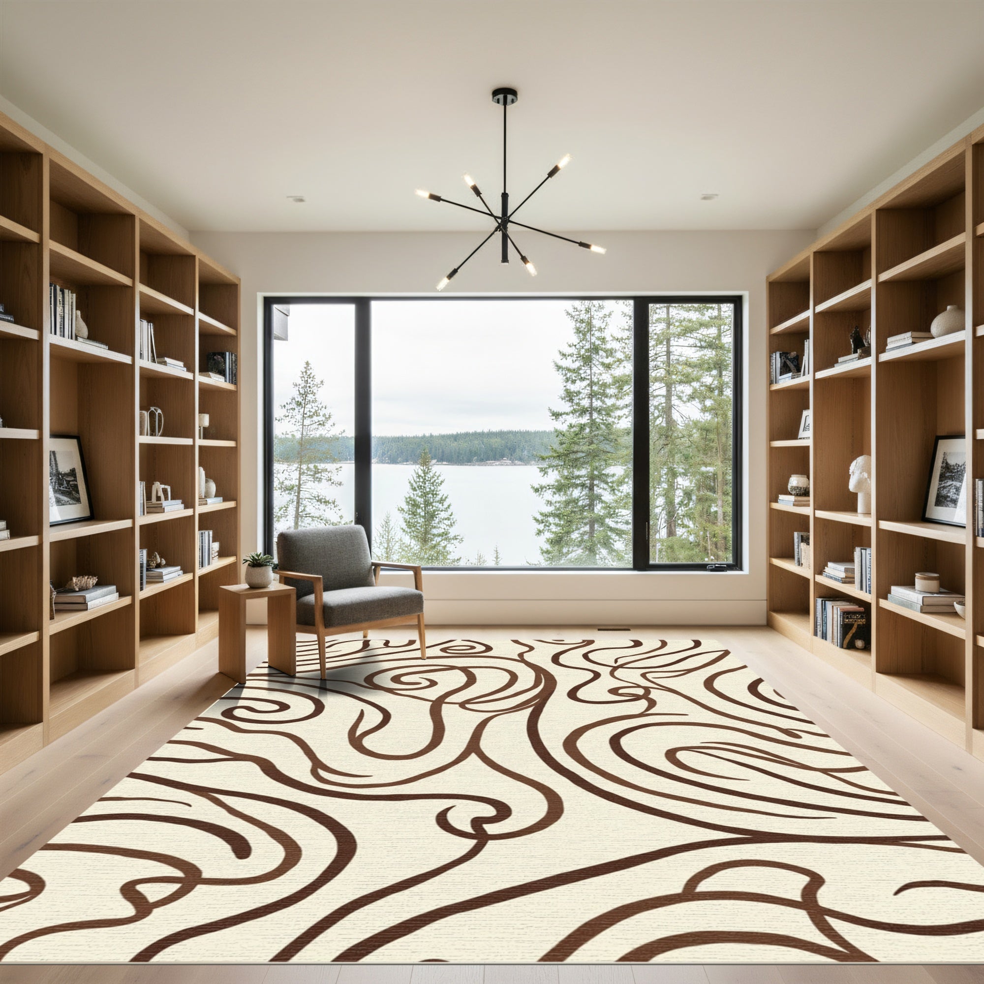 Cream Brown Abstract Swirl Flow Rug