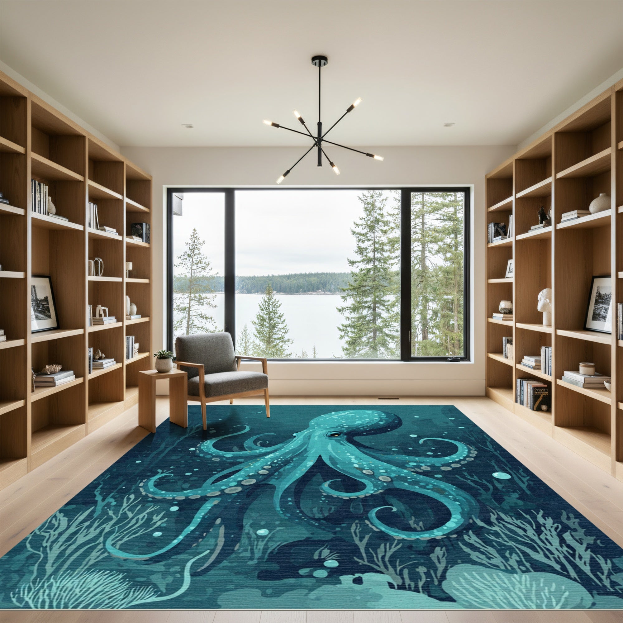 Deep Teal Octopus Underwater Scene Rug