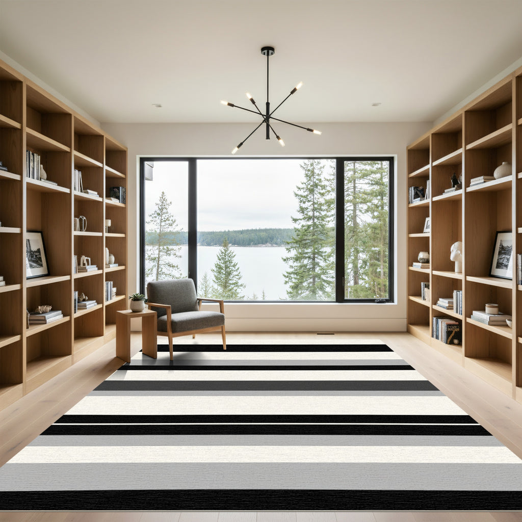 Modern Black Gray White Stripe Rug