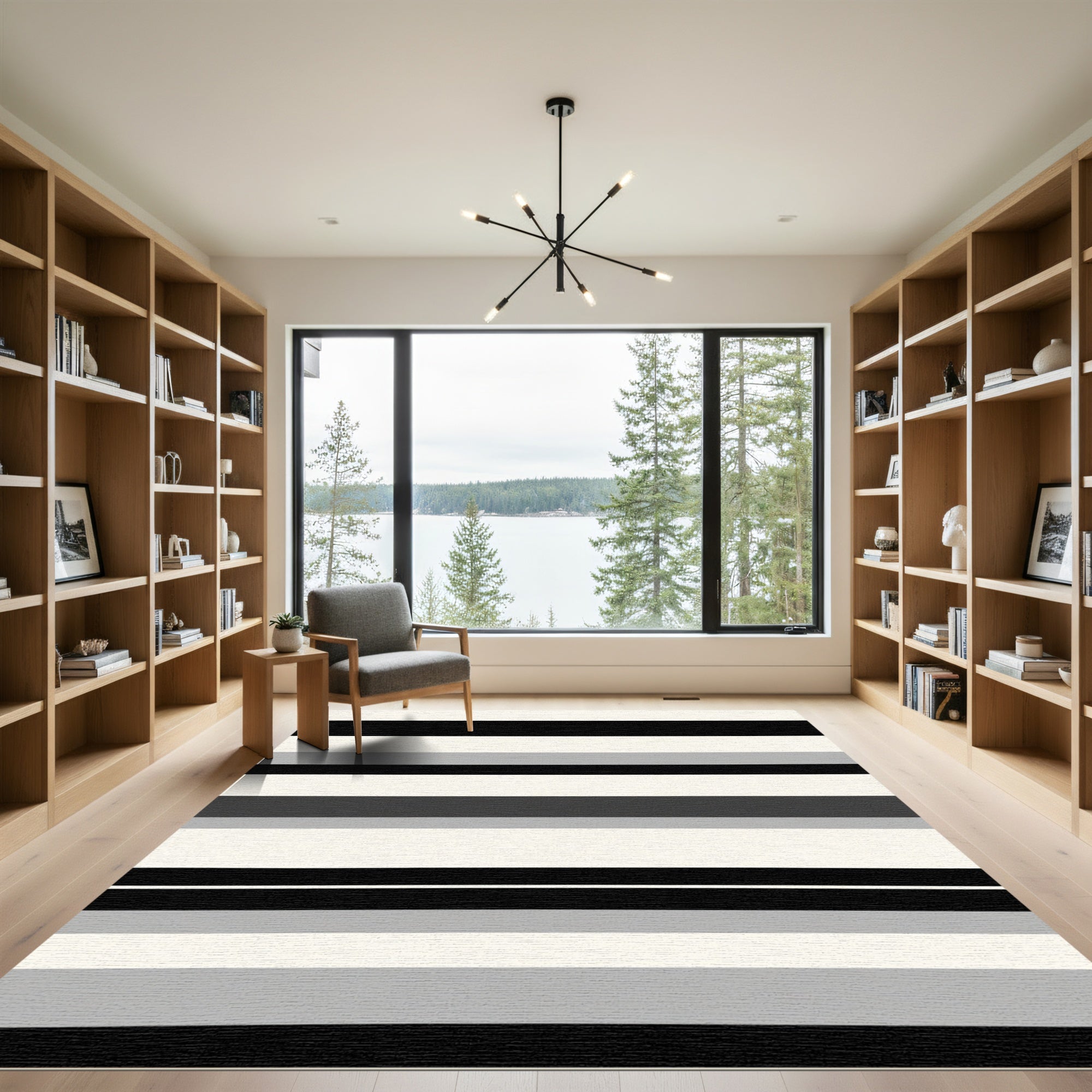 Modern Black Gray White Stripe Rug