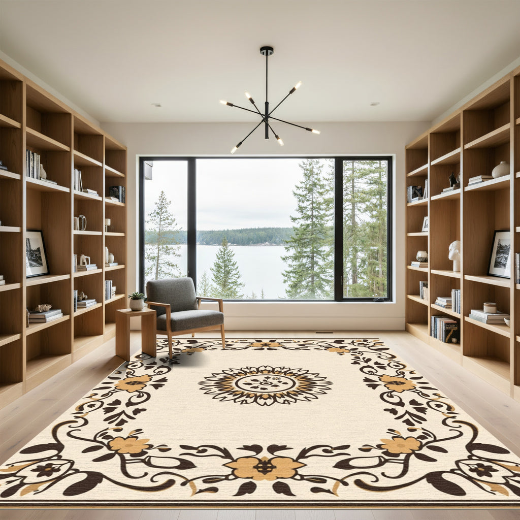 Golden Brown Floral Border Medallion Rug