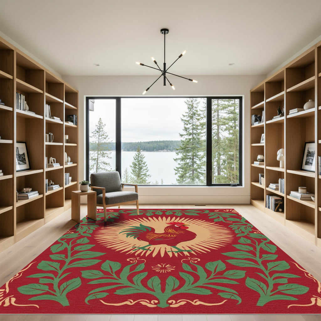 Crimson Rooster with Green Foliage Border Rug