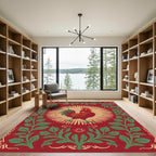 Crimson Rooster with Green Foliage Border Rug