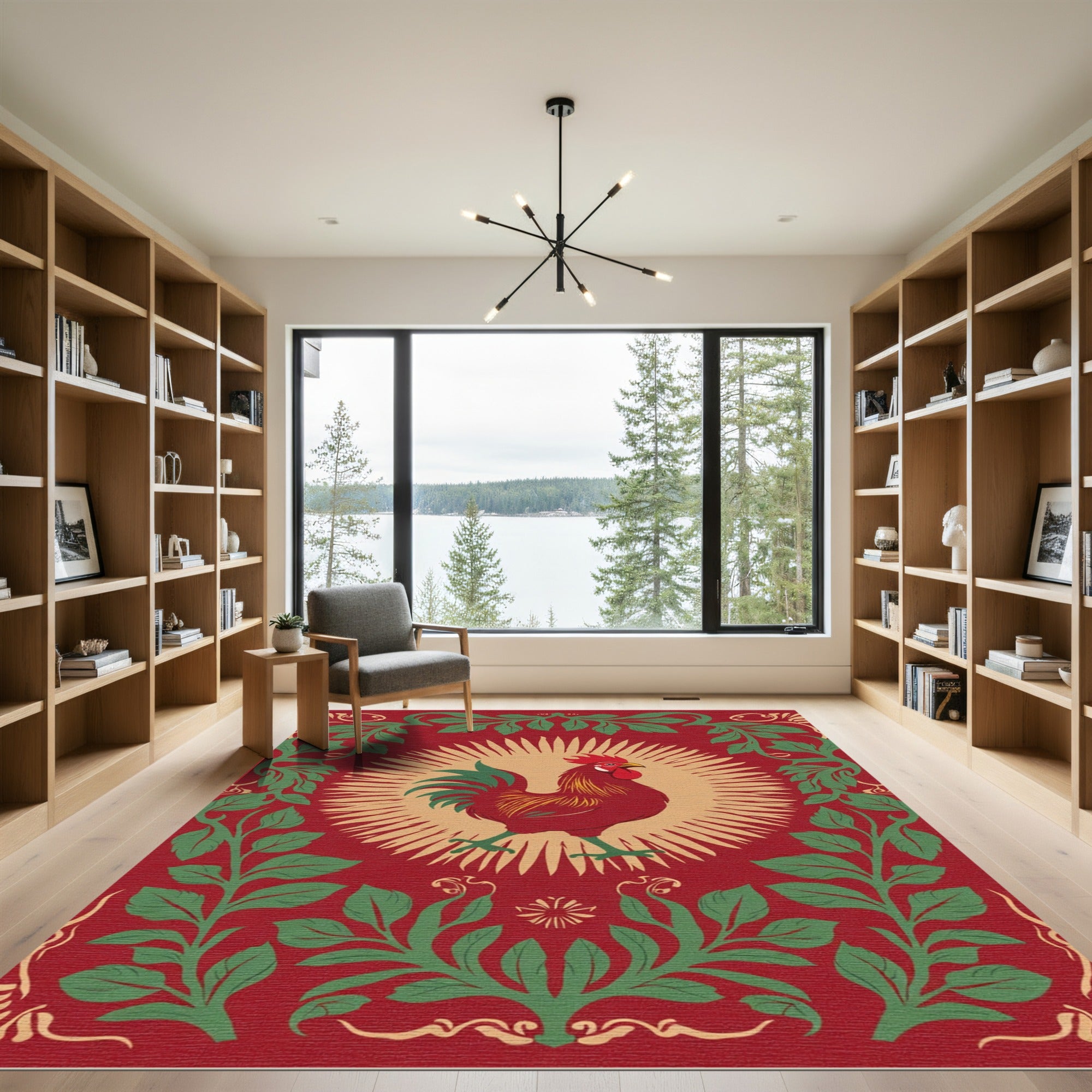 Crimson Rooster with Green Foliage Border Rug