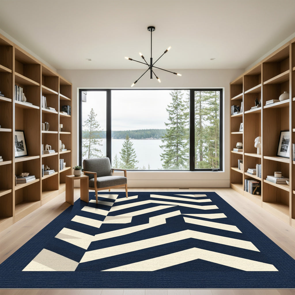 Modern Navy Cream Geometric Chevron Rug