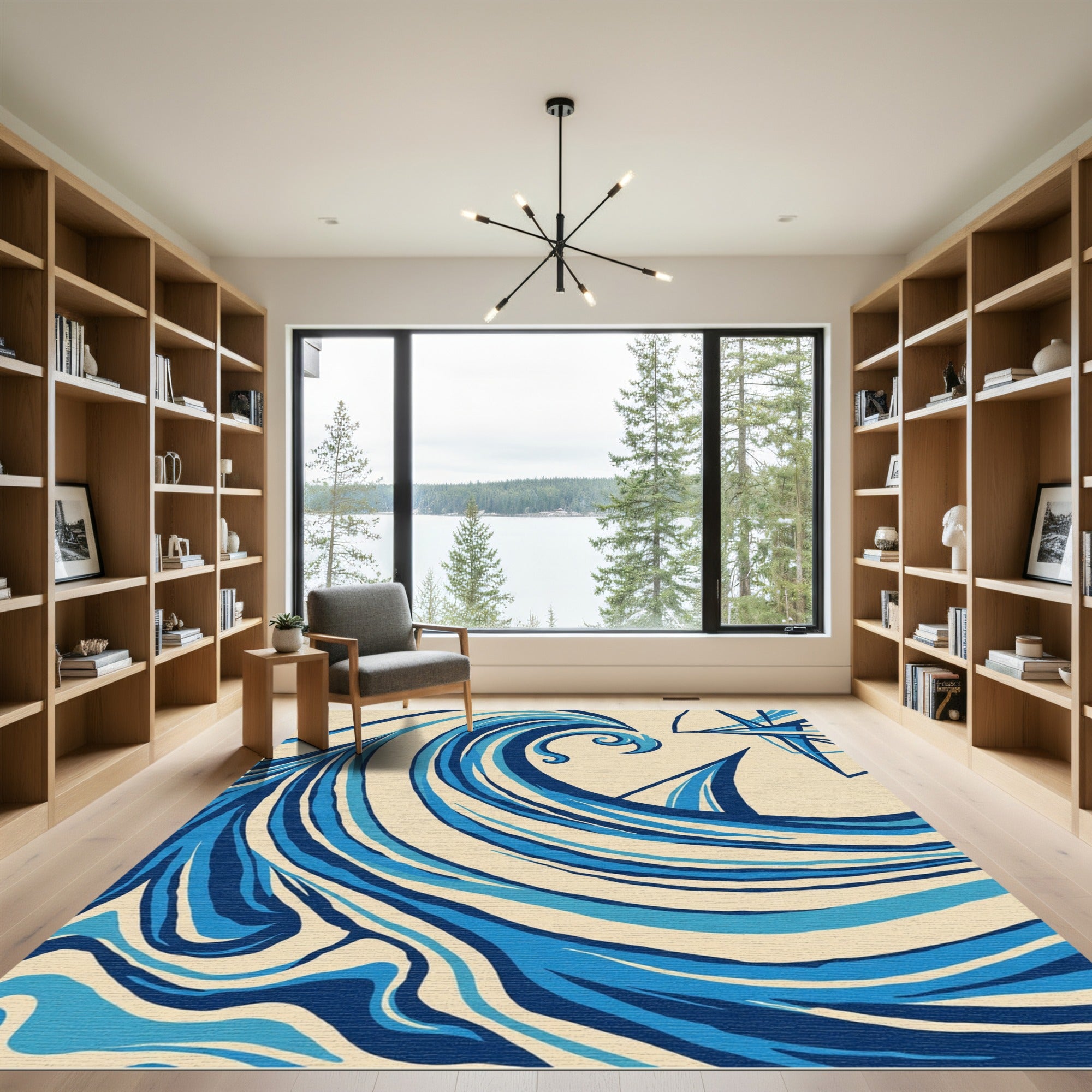 Modern Blue Wave Abstract Lines Rug