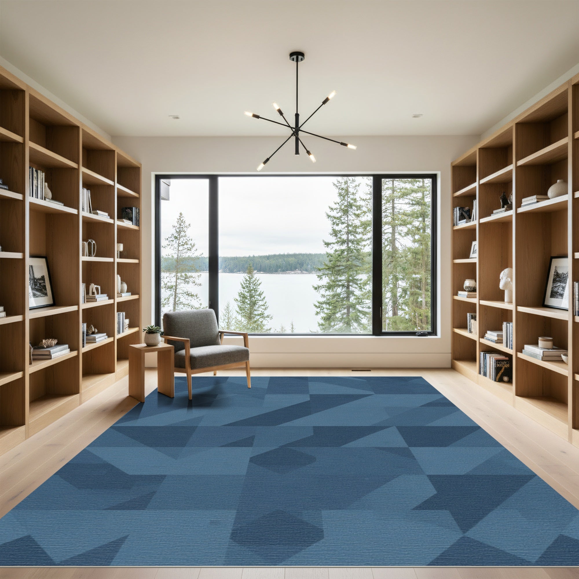 Deep Blue Geometric Block Arrangement Rug