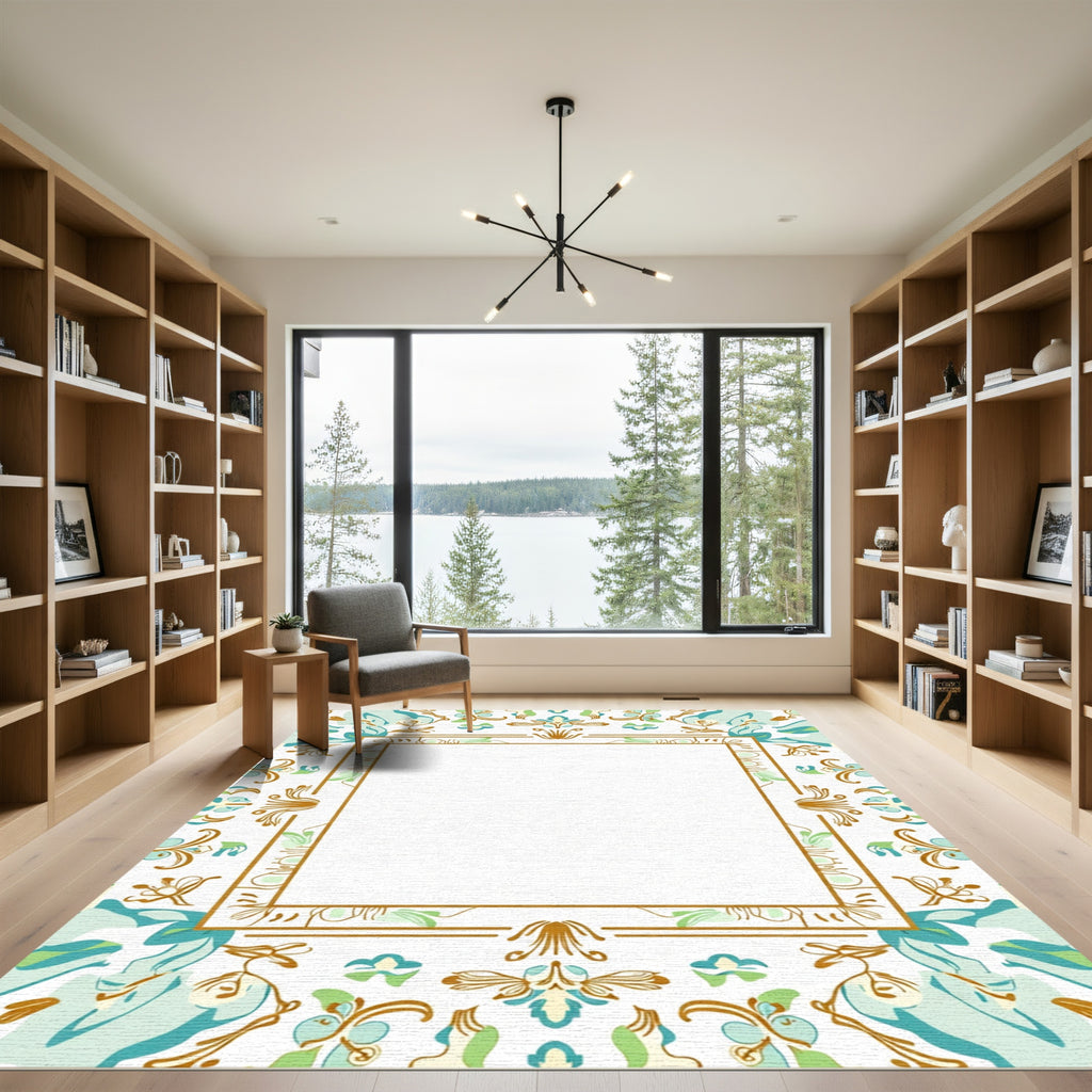 Earthy Teal Botanical Border Rug