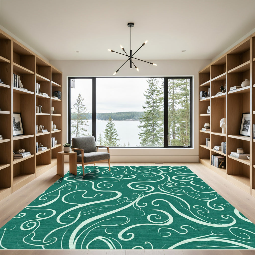 Teal White Swirl Flowing Vine Rug