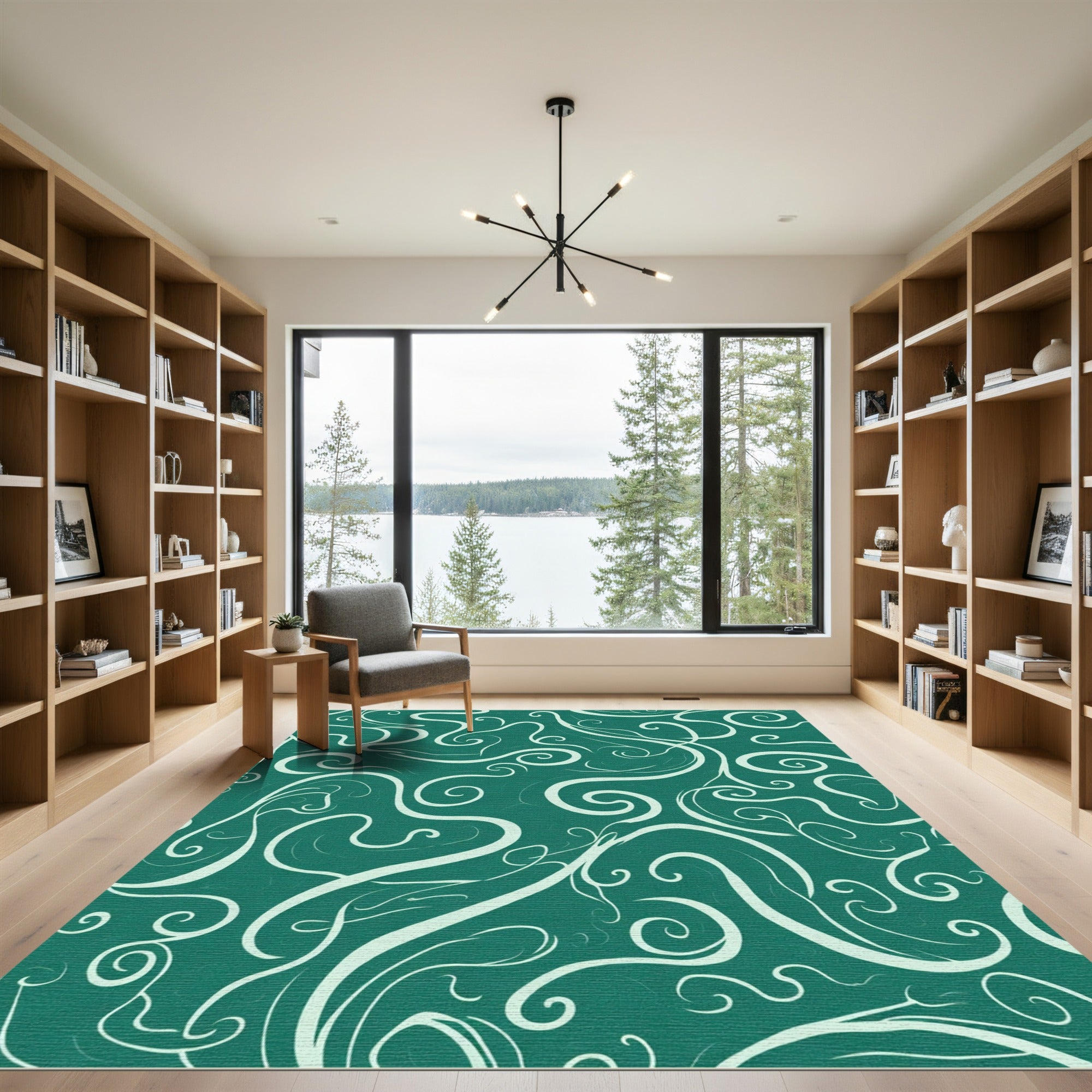 Teal White Swirl Flowing Vine Rug