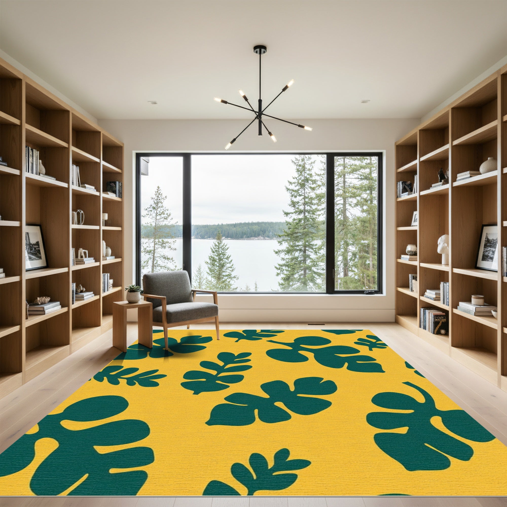 Deep Teal Leaf Cutout Yellow Rug