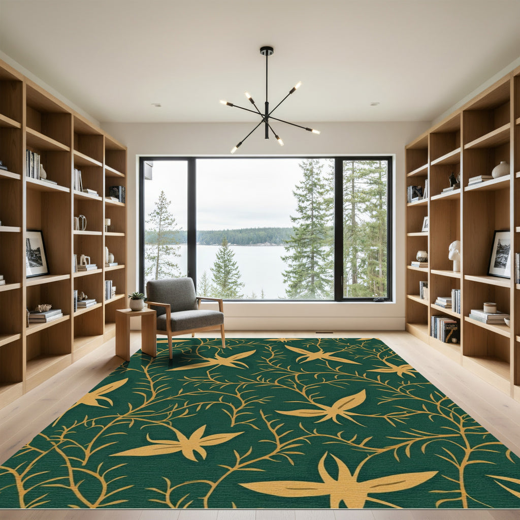 Deep Teal Golden Vine Botanical Rug
