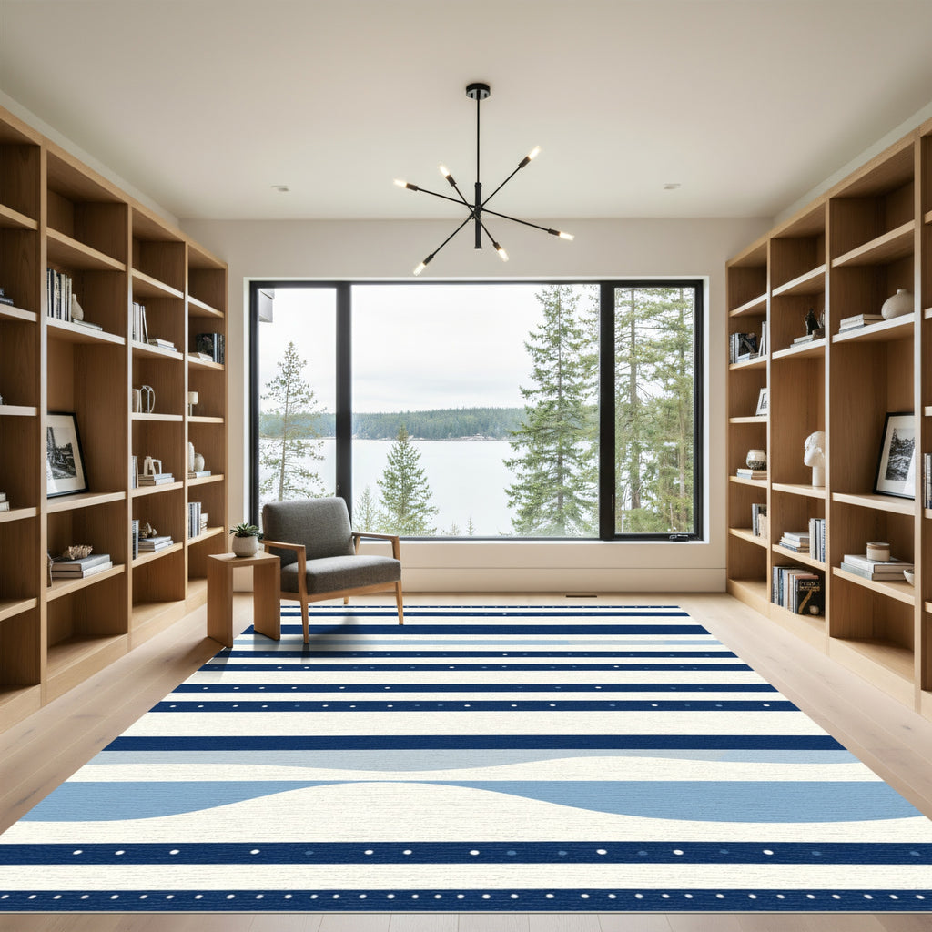 Navy Blue White Striped Wave Rug