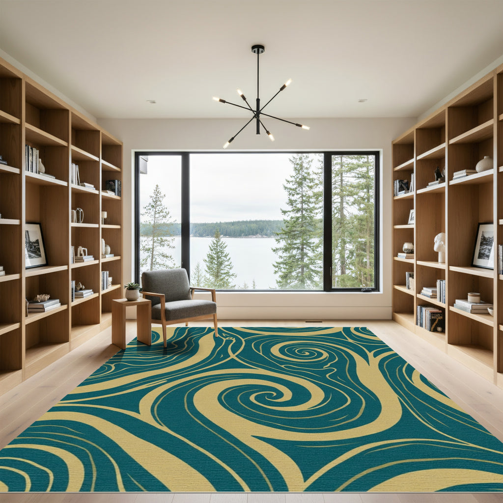 Teal and Gold Swirling Lines Rug