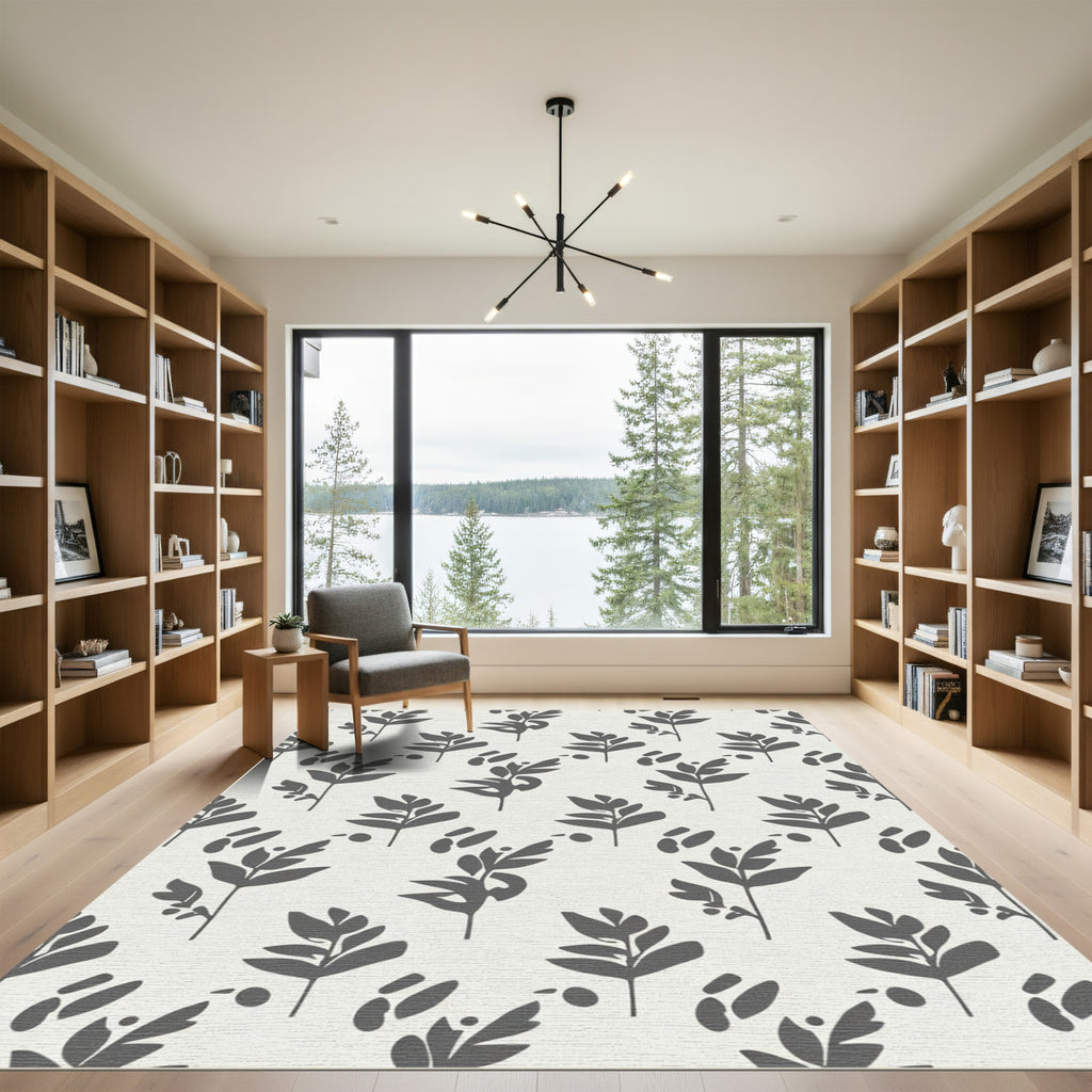 Gray Leafy Branch Abstract Composition Rug