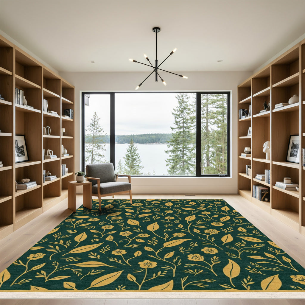 Dark Green Golden Floral Botanical Vine Rug