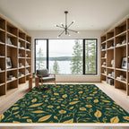 Dark Green Golden Floral Botanical Vine Rug