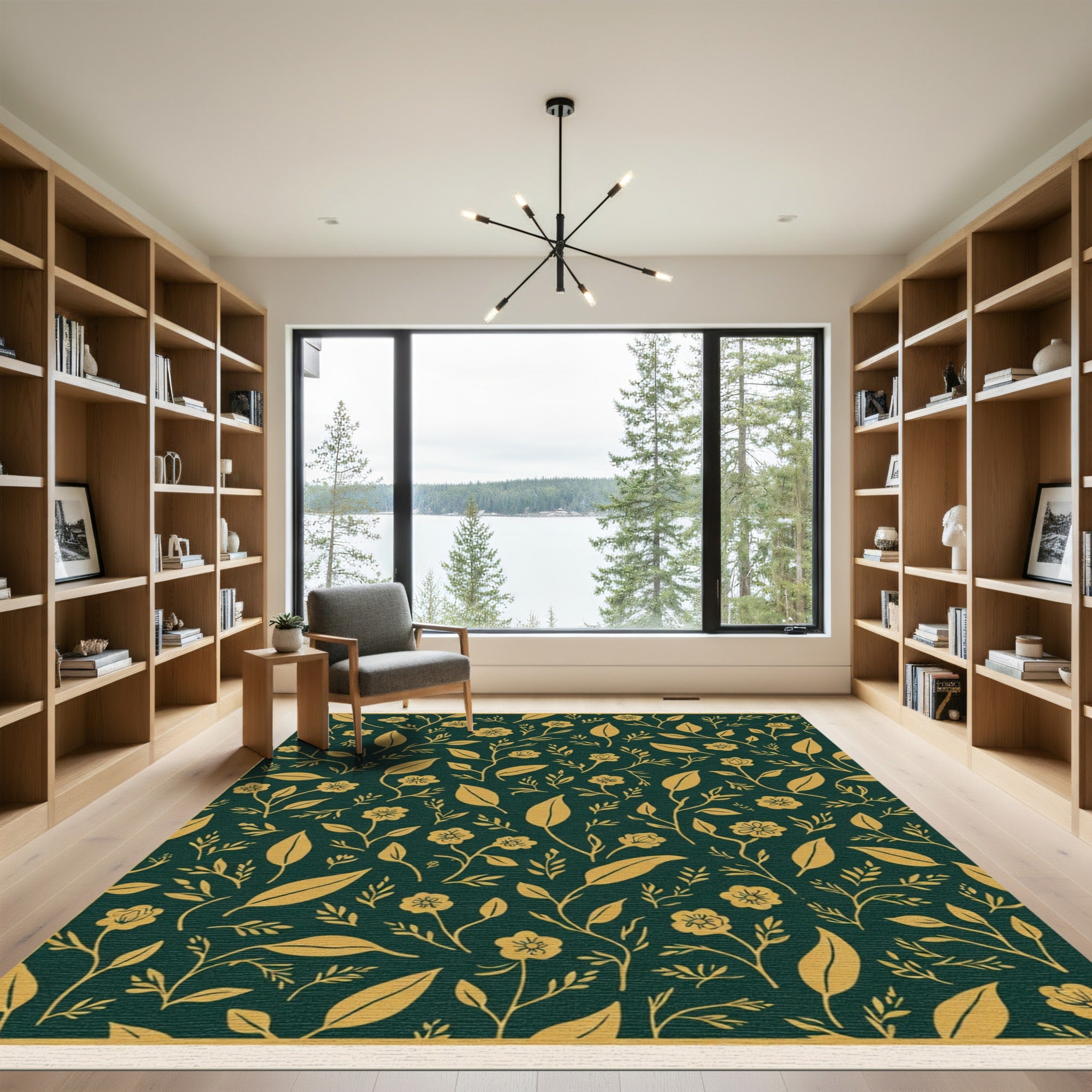 Dark Green Golden Floral Botanical Vine Rug