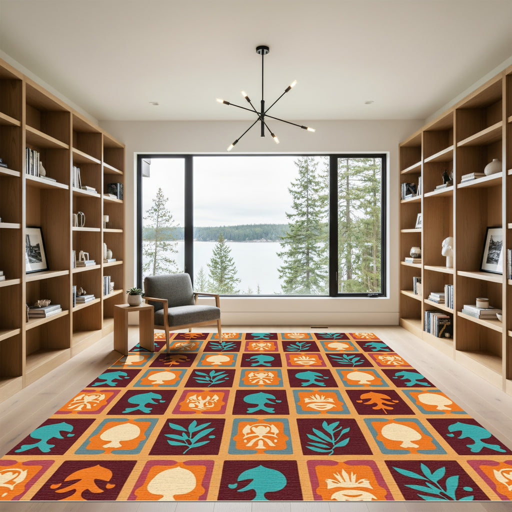 Earthy Orange Teal Tribal Grid Rug
