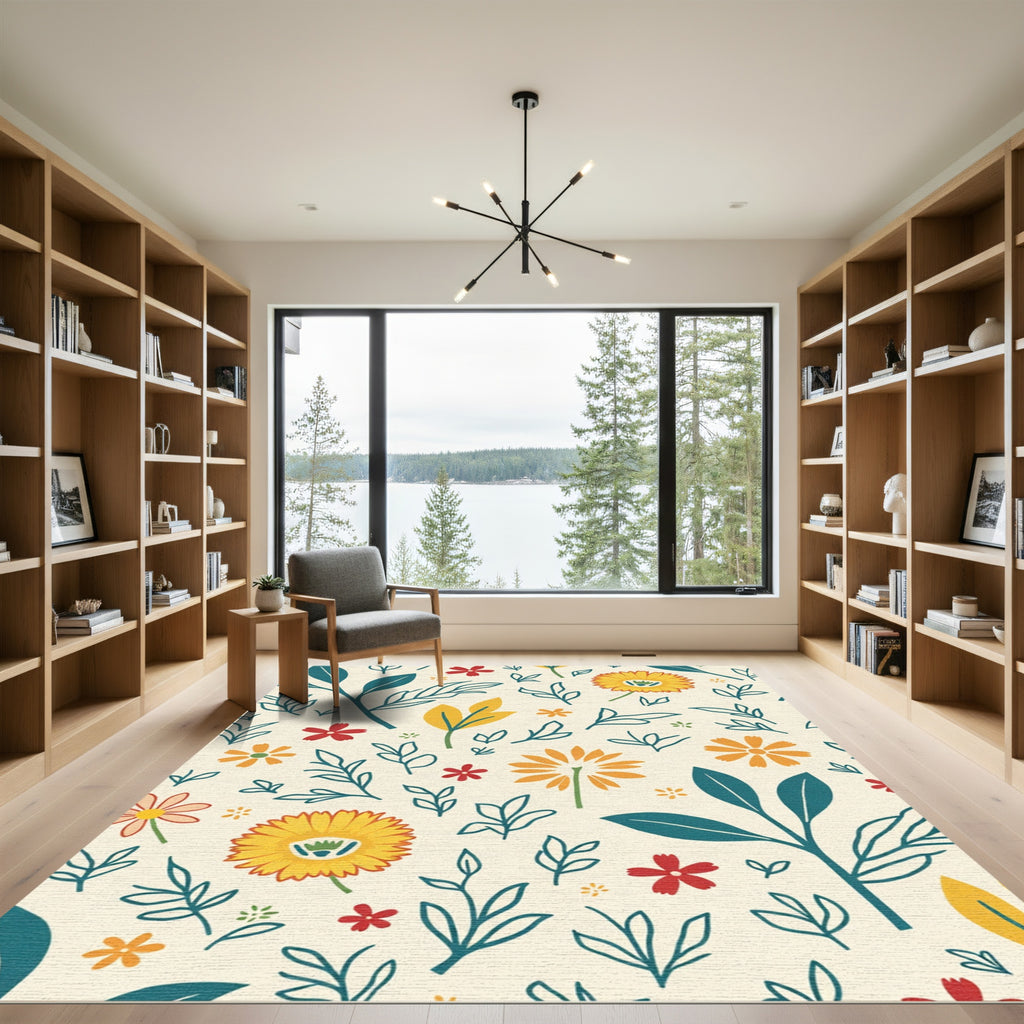 Creamy Yellow And Teal Floral Garden Rug