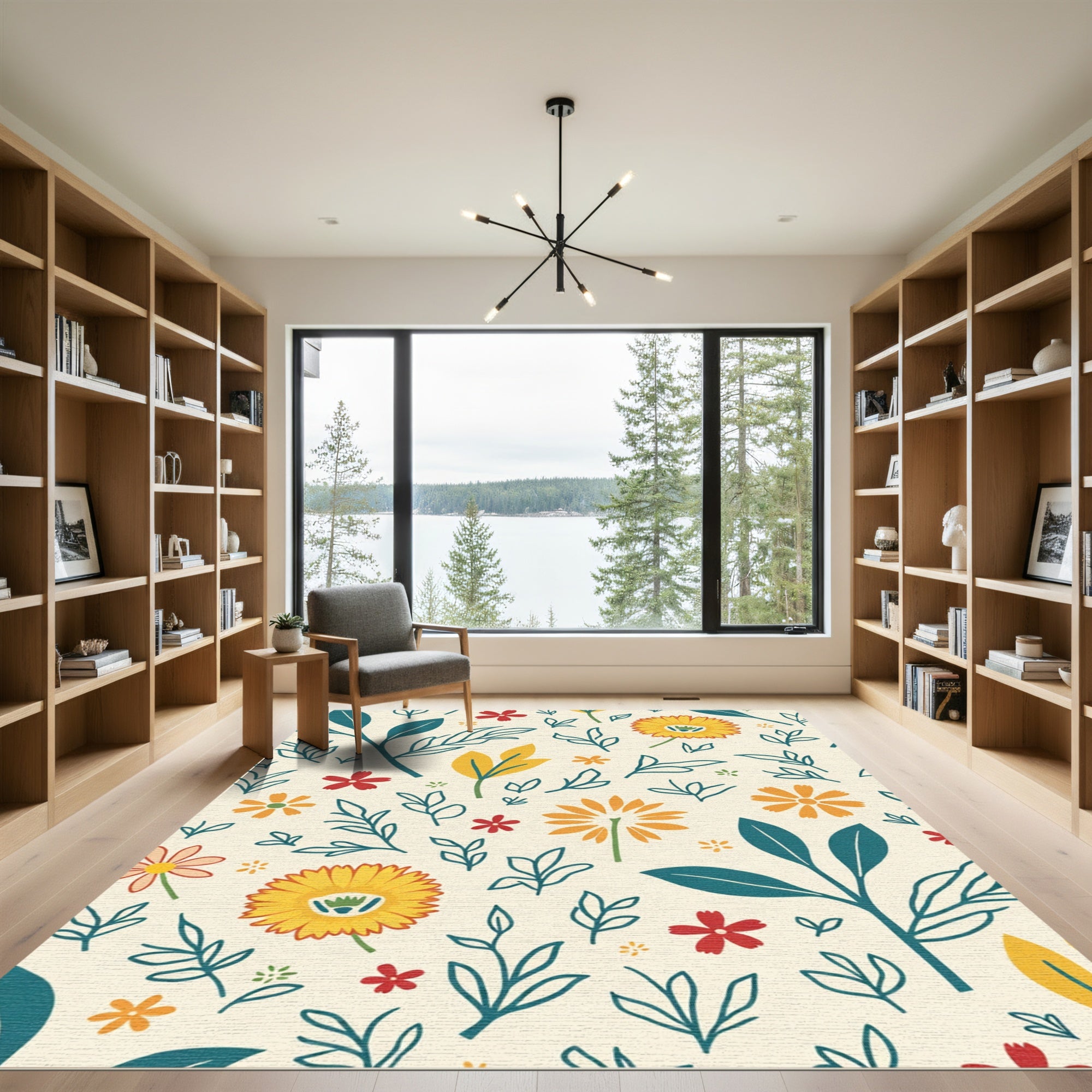 Creamy Yellow And Teal Floral Garden Rug