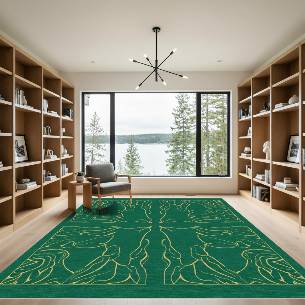 Emerald Gold Abstract Swirl Composition Rug