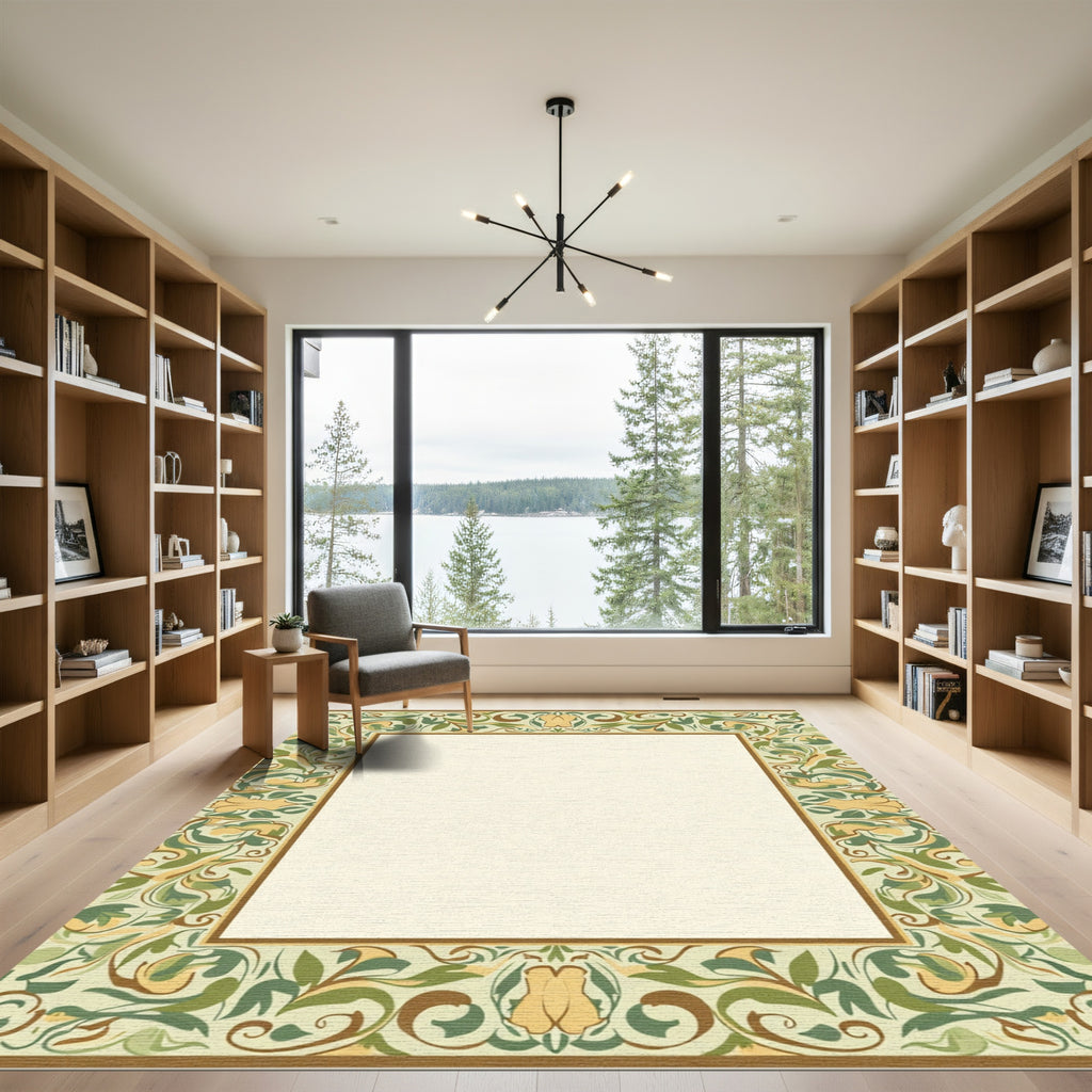 Earthy Green Floral Scroll Border Rug