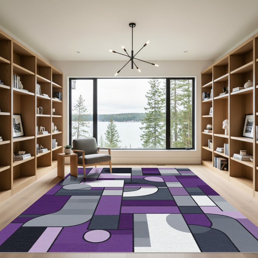 Abstract Geometric Purple Gray Shapes Rug
