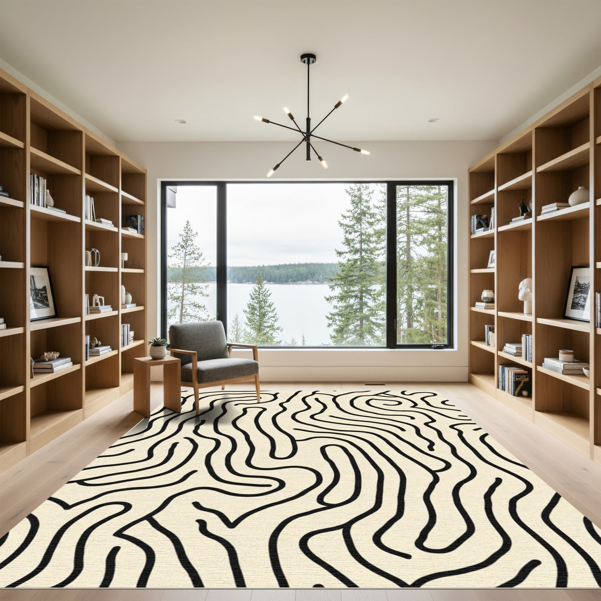 Creamy Black Line Abstract Maze Rug