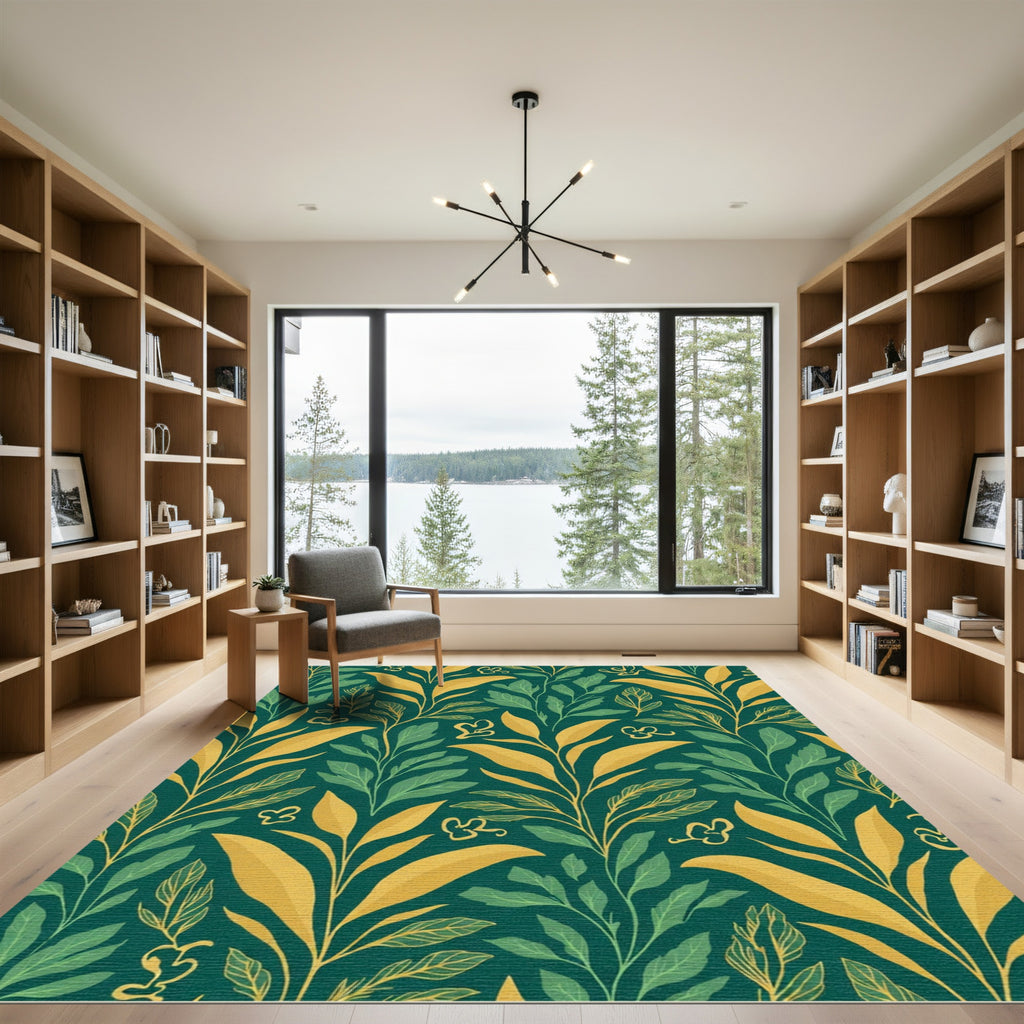 Emerald Green Golden Leaf Branch Art Rug