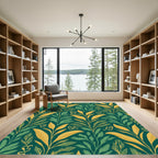 Emerald Green Golden Leaf Branch Art Rug