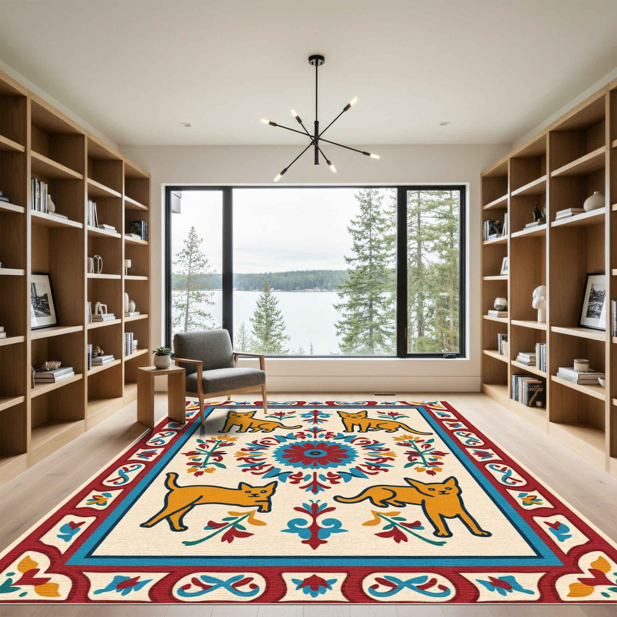 Golden Cats Central Medallion Border Rug