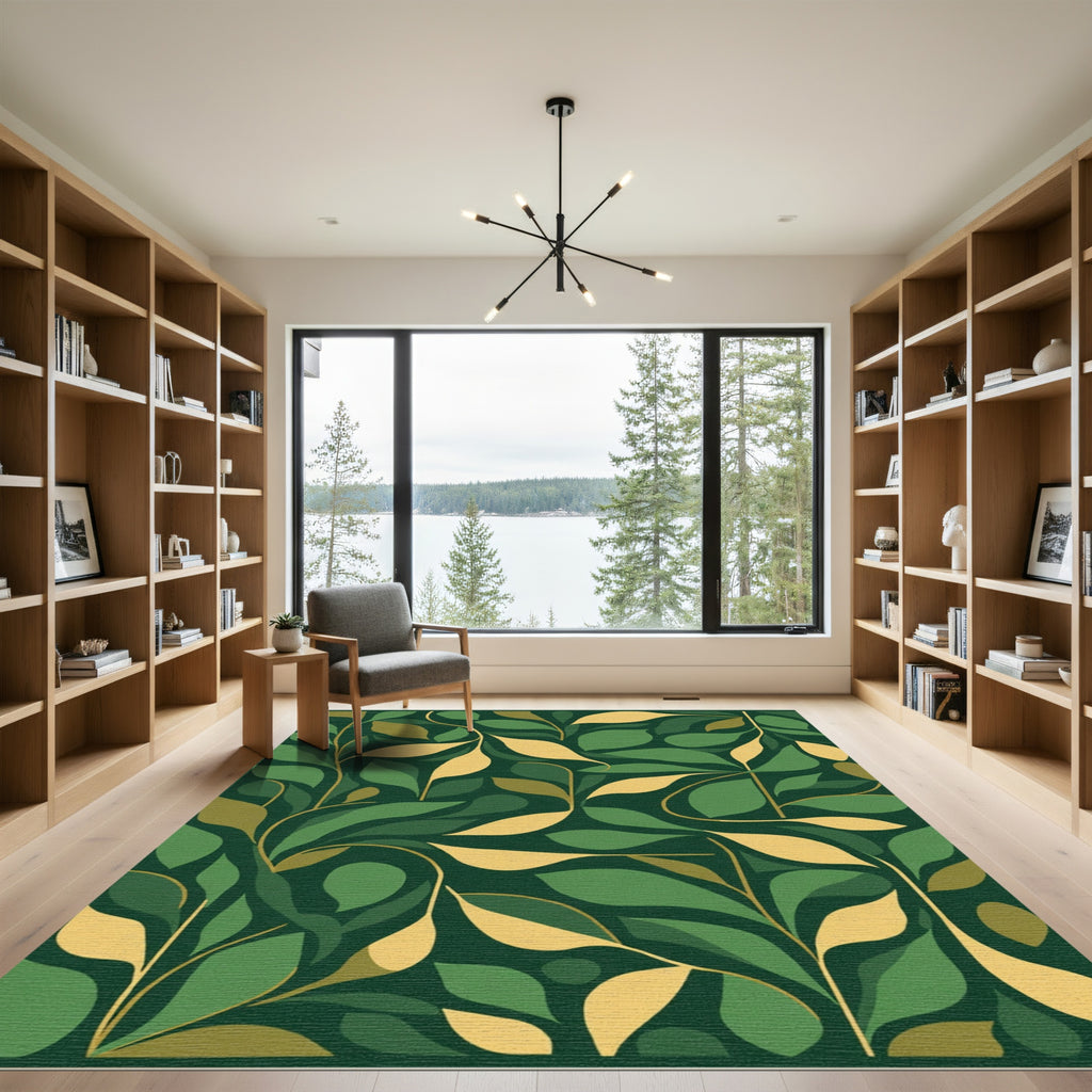 Deep Green Branch Leaf Swirl Rug