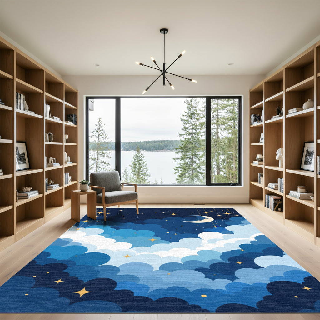 Dreamy Celestial Clouds Moon Stars Rug